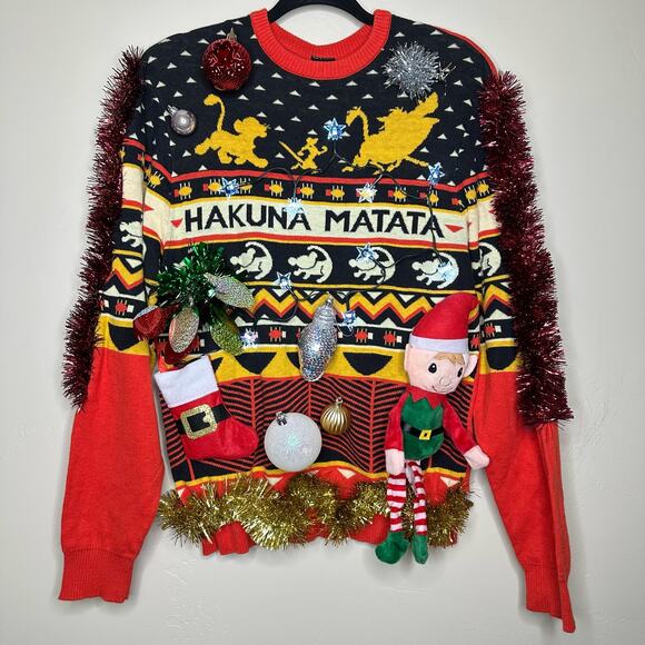 Ugly Christmas Sweater Lion King Hakuna Matata LIGHTS UP Tinsel Party Winner - Picture 1 of 5